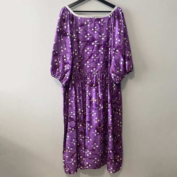 Handmade Plus Size Cotton Batik Purple White Print V-Neck Dress - Picture 2 of 9